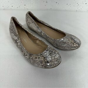 Jessica Simpson Women’s 6.5 Angelique Silver Snake Print Leather Ballet Flats
